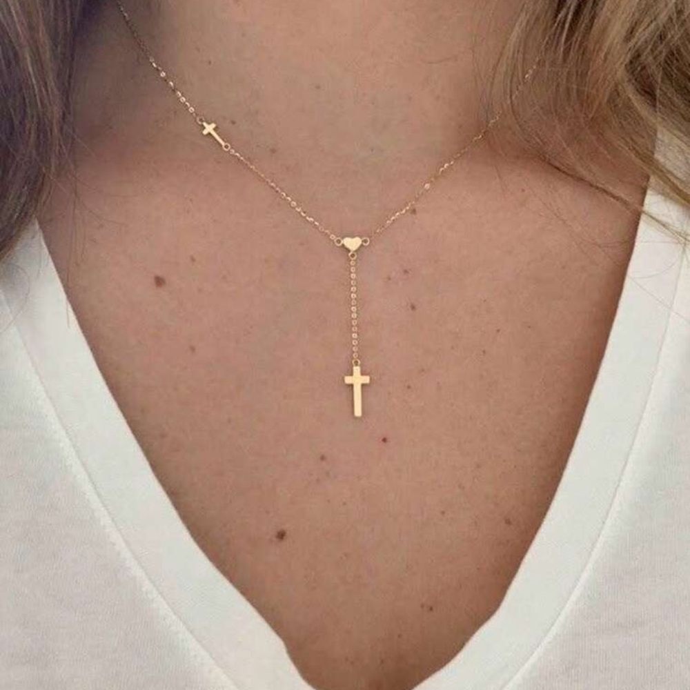 Elegant Gold Cross Necklace, Gold Cross and Heart Necklace